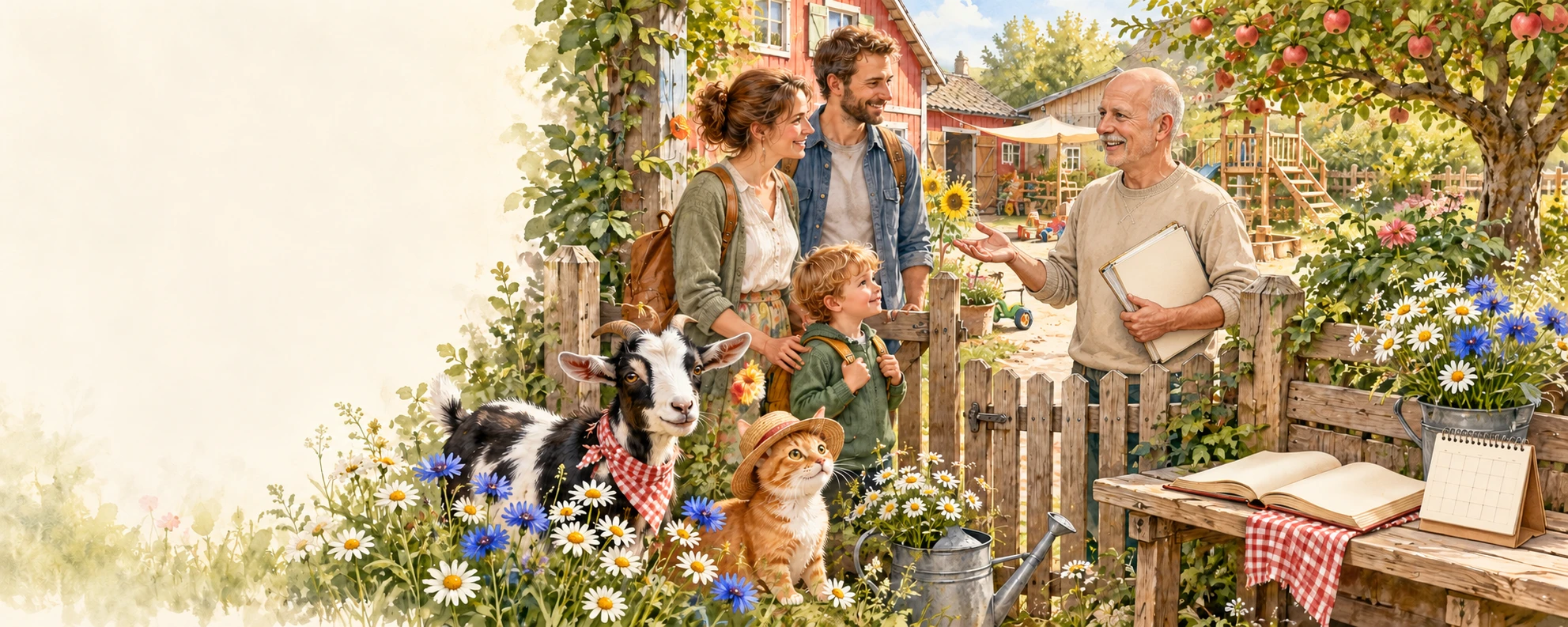 Illustration: Fred im Gespräch mit einer Familie am Hoftor