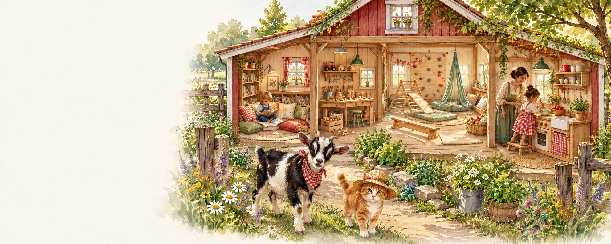 Symbolischer Rundgang mit Leseecke, Handwerkerstube, Bewegungsraum und Kinderküche, begleitet von Oskar und Fiete