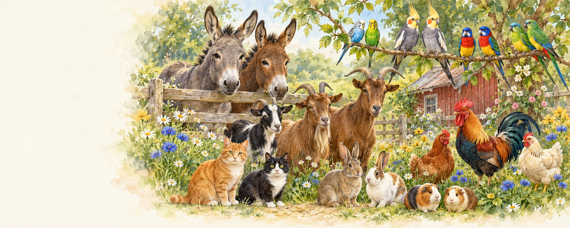 Unsere Tierwelt: Esel, Ziegen, Meerschweinchen, Hasen, die Kater Fiete und Findus, Hühner, Wellensittiche, Nymphensittiche, Glanzsittiche und Singsittiche