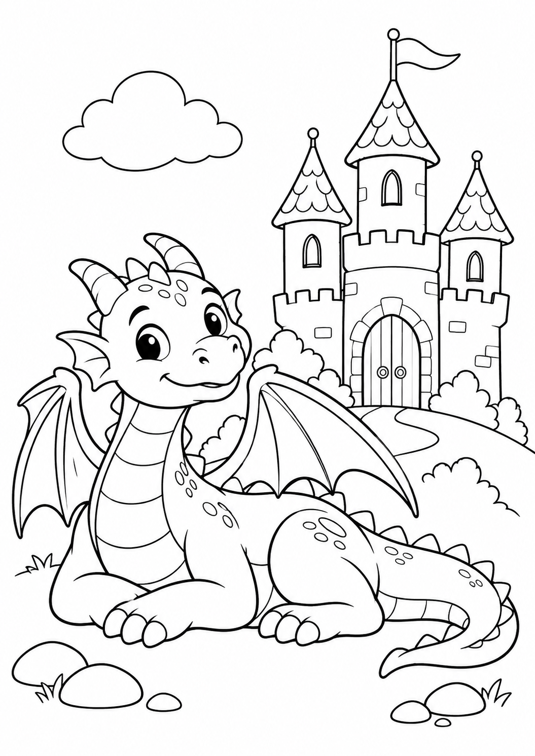 Ausmalbild: Der Drache an der Burg