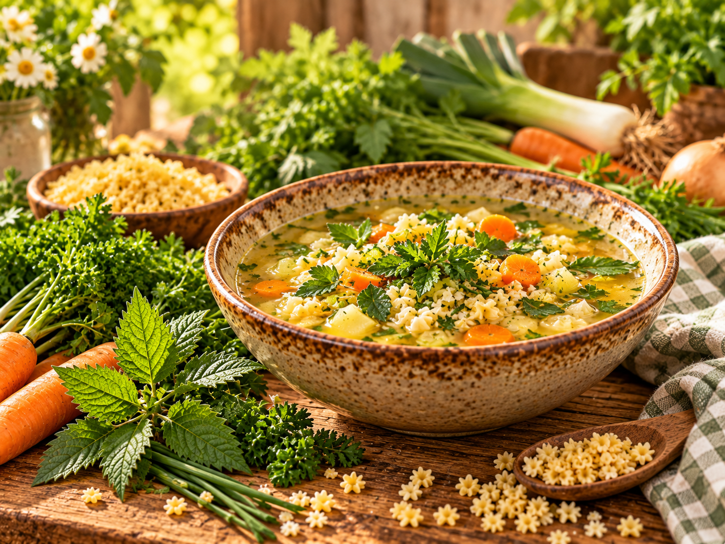 Rustikale Gemüsenudelsuppe mit frischen Kräutern