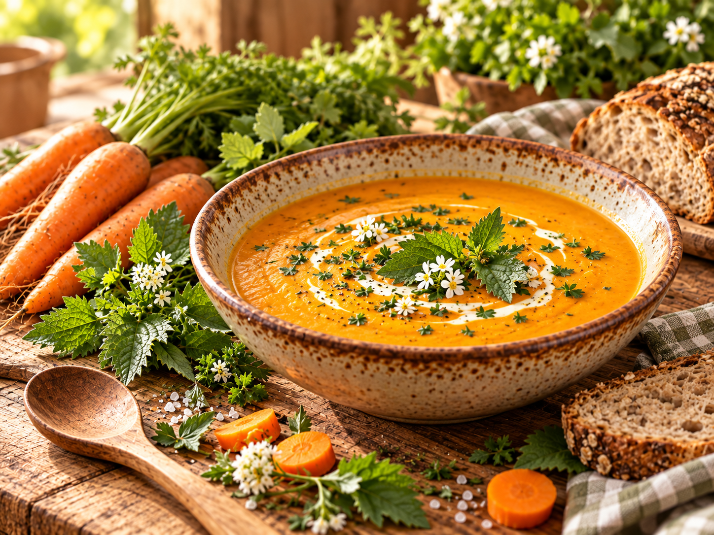 Rustikale Karottensuppe mit Kräutern und Brot