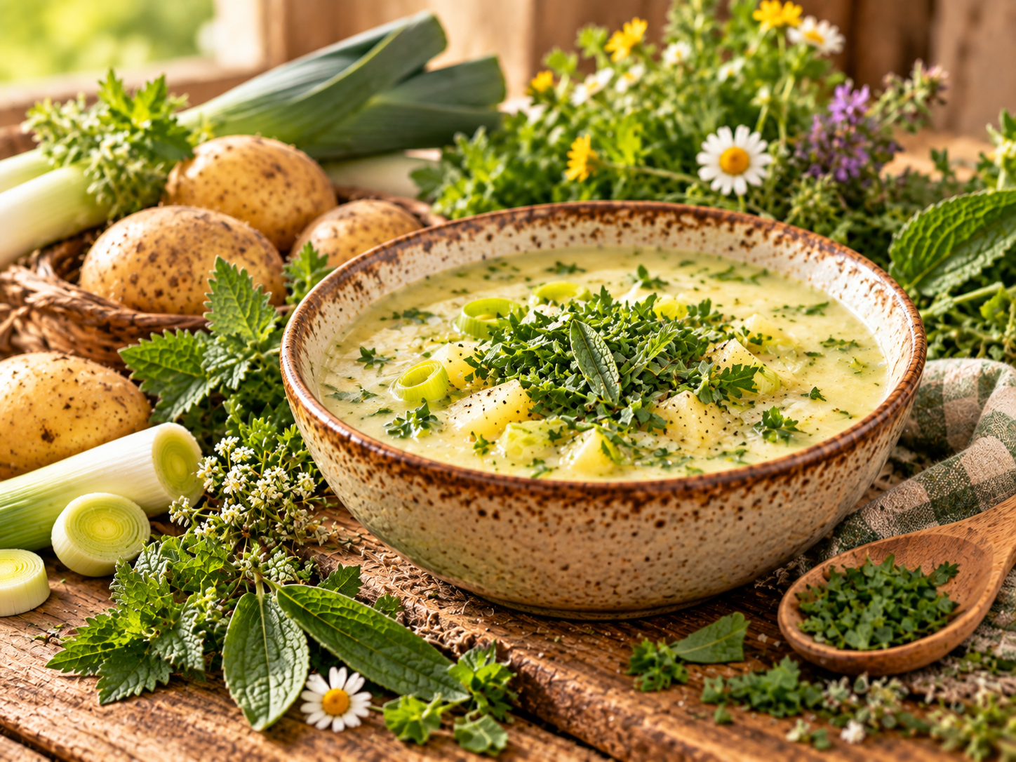 Rustikale Kartoffel-Lauch-Suppe mit Wildkräutern
