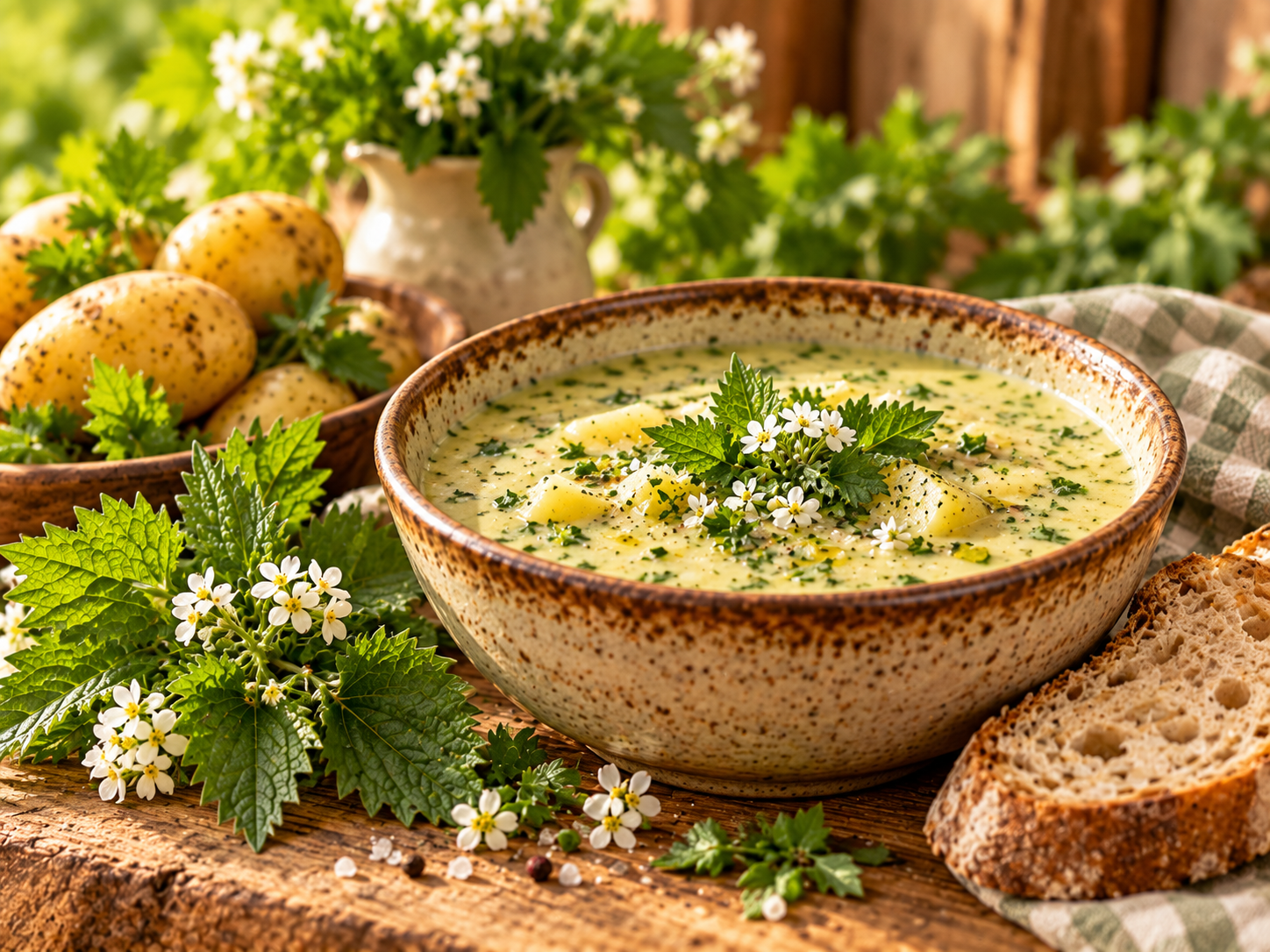 Rustikale Kartoffelsuppe mit Knoblauchrauke