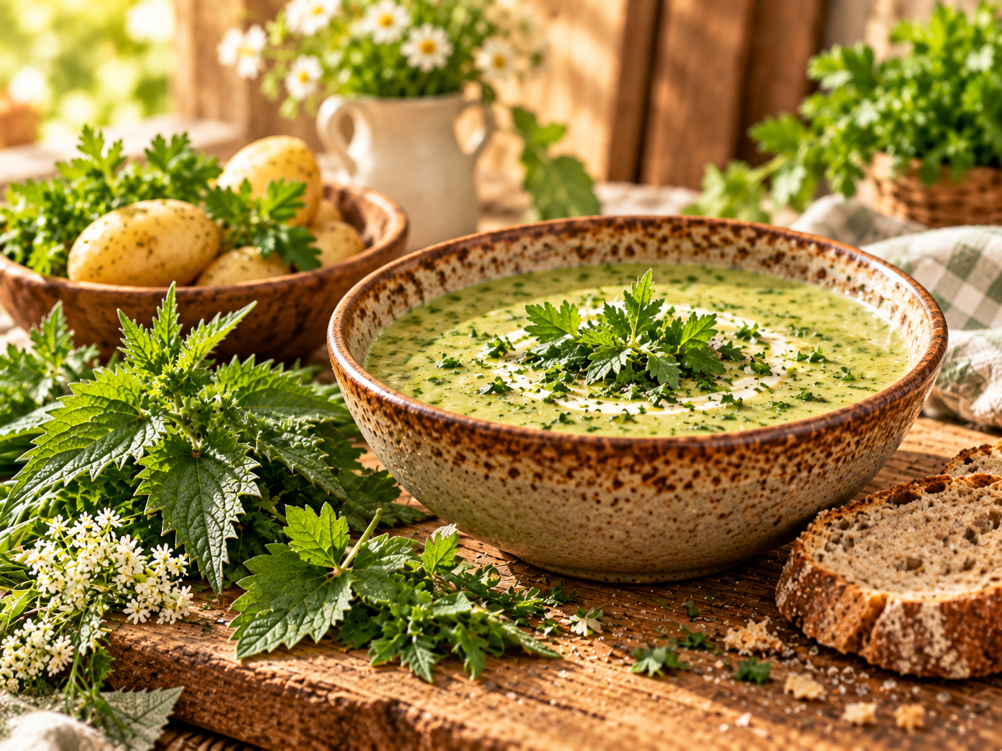 Rustikale Kräutersuppe mit Bauernbrot