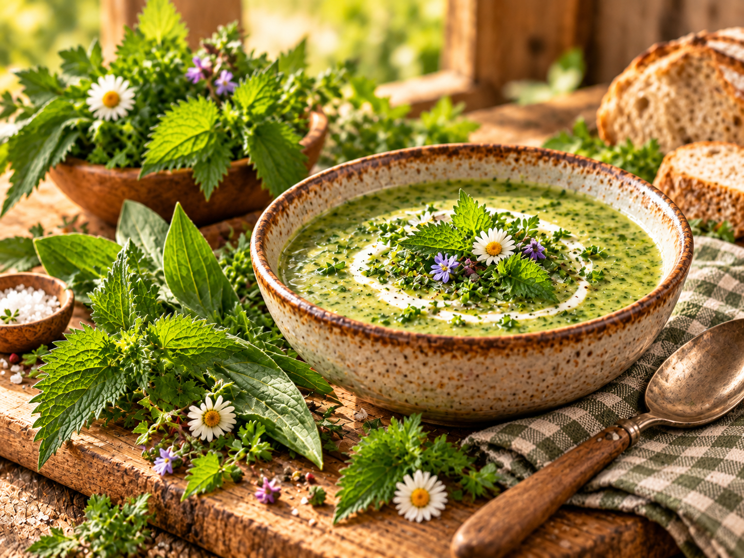 Rustikale Wildkräutersuppe mit Brot