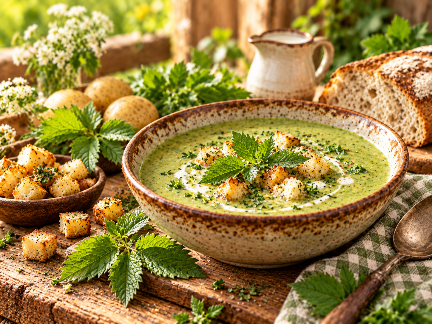 Cremige Wildkräutersuppe mit Croutons